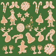 christmas gingerbread,christmas patterns,christmas decorations,festive characters,toys,christmas star,deer,hat,scarf,knitted socks,christmas bell,christmas caramel,penguin,icicle,snowflakes,linear pat