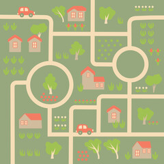 Country landscape with Little houses, trees and roads. PlayMat, Board game, poster for children's room.