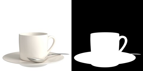 3D rendering illustration of a coffee cup with saucer and spoon