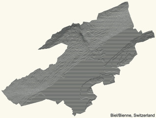 Topographic relief map of the city of Biel-Bienne, Switzerland with black contour lines on vintage beige background