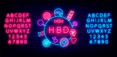 Happy Birthday neon emblem with shiny alphabet. Candy and sweets frame. Celebration concept. Vector stock illustration