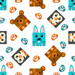 Squares rabbit, penguin, bear Seamless pattern. Vector Background with the faces of rabbit, penguin, bear. Template for the packaging, baby textile