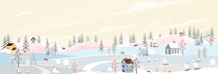 Winter landscape, Celebrating Christmas and new year in village at night with happy polar bear playing playing ice skates in the park ,Vector of horizontal banner winter wonderland in countryside - obrazy, fototapety, plakaty