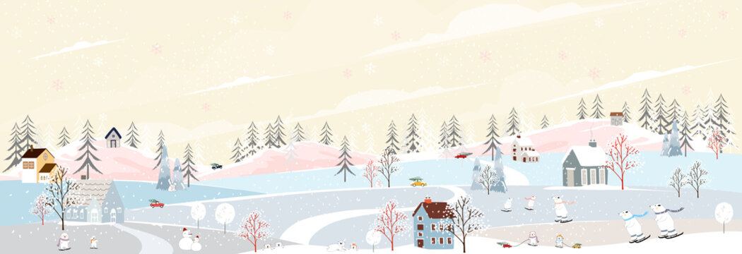 Winter landscape, Celebrating Christmas and new year in village at night with happy polar bear playing playing ice skates in the park ,Vector of horizontal banner winter wonderland in countryside
