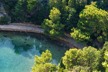 detailed view at Zavratnica Cove with beautiful clear blue water and green trees in the sunlight at...