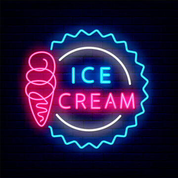 Ice cream cone neon sign. Candy shop emblem. Summer dessert. Isolated vector stock illustration