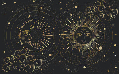 Magic banner for astrology, golden line on black background magic zodiac, tarot. Universe space, crescent moon and sun and clouds. Esoteric vector illustration