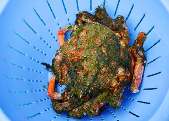 Fresh crab covered with seaweed waiting in a plastic bowl