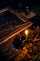 Icons, candles, cahors, bread with salt
