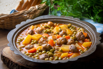 Turkish Food Green Pea Stew with Meatballs - Kofte or Kofta Bezelye. (Turkish name; kofteli bezelye)