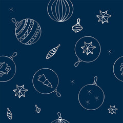 Silver vector seamless pattern with christmas bauble on dark blue background. Doodle style for decoration, wrapping.
