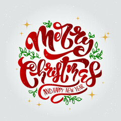 Merry Christmas lettering.Vector Illustration.Isolated calligraphic text  Merry Christmas and Happy New Year with white background  for Holiday Greeting Gift Poster card. Typography design for banner.