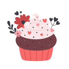 Valentine's Day sweet cupcake with flower decor. Vector illustration