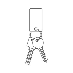 Keychain icon with tag. A simple linear representation of keys for opening mechanical locks. Vector over white background.