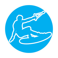 Extreme water sports wakeboarding logo template with text on the board. Vector illustration.