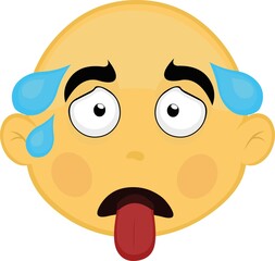 Vector illustration of the face of a bald, yellow character, with an exhausted expression, with drops of perspiration and his tongue sticking out