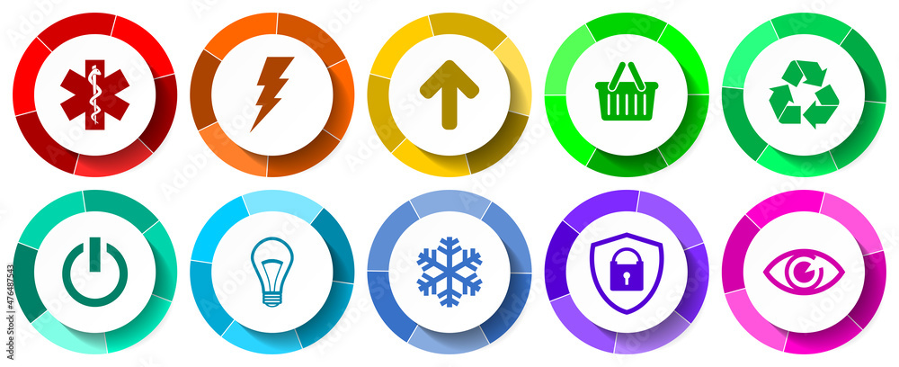 Poster set of web and internet vector icons, flat design illustration, colorful buttons isolated on white b