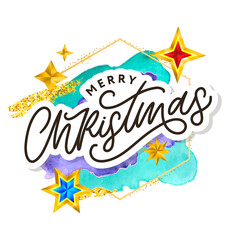Merry Christmas text decorated with hand drawn lettering with gold stars. Greeting card design element. Vector typography.