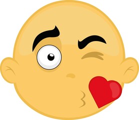 Vector illustration of the face of a cartoon character, yellow and bald, giving a heart-shaped kiss