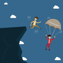 Flat design of business,Young man fell into the ravine but another man had a parachute on him - vector