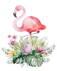 Watercolor floral frame. Frame from tropical flowers and leaves with flamingo birds. Plants of Australia and Africa. For the design of holiday cards, birthday, wedding, Valentine's Day. - obrazy, fototapety, plakaty