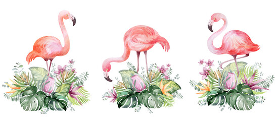 Watercolor floral frame. Frame from tropical flowers and leaves with flamingo birds. Plants of Australia and Africa. For the design of holiday cards, birthday, wedding, Valentine's Day. © Elena