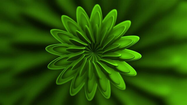 Purple and green flower in abstraction. Motion. Flowers with petals spin in 3d format expanding and narrowing creating a hole in the middle.