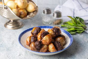 Traditional Turkish food; Onion kebab (Turkish name; Sogan kebabi) Local food of Gaziantep region