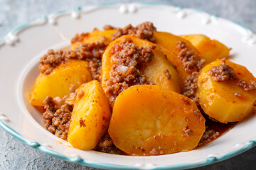 Traditional delicious Turkish food; meat potato dish (Turkish name; kiymali patates)