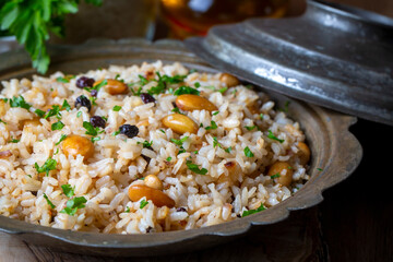 Traditional delicious Turkish food; Almond rice pilaf (Turkish name; Bademli pirinc pilavi)