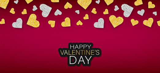 Valentines Day banner background. Simple design with gilden and silver glitter hearts. Vector illustration.