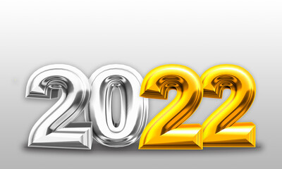 Happy New 2022 Year. Holiday illustration of golden metallic numbers 2022 and sparkling glitters pattern. Festive poster or banner design. Realistic 3d sign