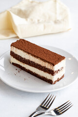 Tiramisu dessert on a white background. Italian sweet dessert concept. Plate of tiramisu cake. close up. selective focus. Vertical view. Story format