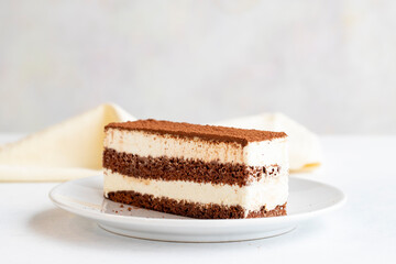 Tiramisu dessert on a white background. Italian sweet dessert concept. Plate of tiramisu cake. close up. selective focus. Horizontal view.