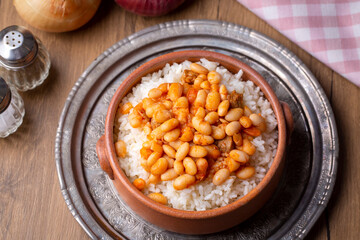 Traditional Turkish cuisine. Kuru Fasulye . Haricot Beans, rice and beans (Turkish name; pilav ustu kuru fasulye)