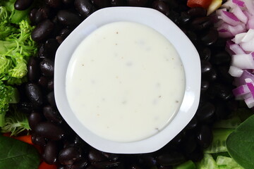 salad dressing with garden fresh healthy vegetable,top view