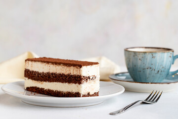 Tiramisu dessert on a white background. Italian sweet dessert concept. Plate of tiramisu cake. close up. selective focus. Horizontal view.