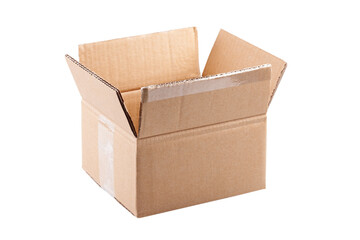 Simple one single brown open empty cardboard mystery box, carton parcel container opened, delivery pack, object isolated on white, cut out, nobody. Transportation, shipping symbol abstract concept