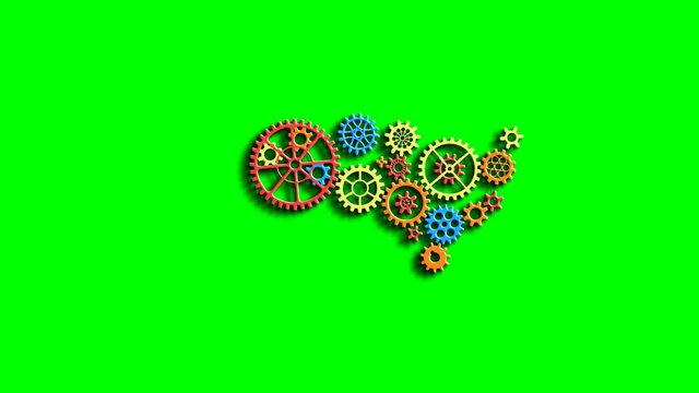 Bunte Zahnr&auml;der (Getriebe) in Plastikoptik bilden im Kopf eines Menschen ein Gehirn. 4K Animation vor Greenscreen.