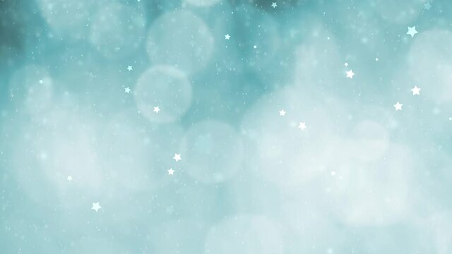 Artistic blue bokeh background with stars and falling snowflakes. Copy space holiday celebration seamless loop background animation.