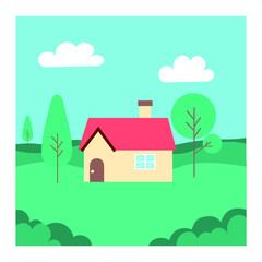 an illustration of the house in the middle of the meadow. a contemporary building in the village for home. a simple and minimalist concept.