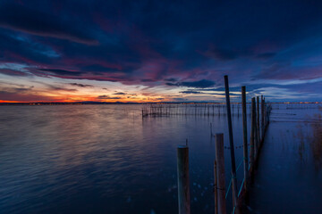 sunset over the fishing nets. La Albufera, Valencia 