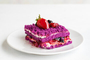 Forest fruit cake on a white background. Turkish sweet dessert concept. plate of sliced forest fruit cake. Mediterranean bakery. close up. selective focus. Horizontal view.