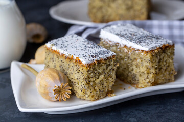 A dessert from traditional Turkish cuisine; Poppy cake, sweet. (Turkish name; Hashasli revani - has hasli kek)