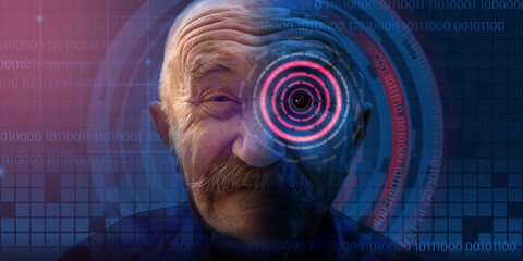 hacker grandfather with artificial eye, binary code, gloomy cyberspace atmosphere. humorous...