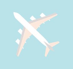 White airplane in sky. Stickers, international travel and tourism. Job vacation and leisure icons. Warm countries, international flights.