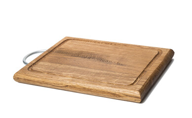 empty rectangular wooden oak kitchen cutting board. White background