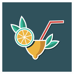 Lemonade with a straw and a slice of lemon. Refreshing drink icon, sticker