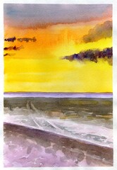 Shore at sunset, watercolor drawing