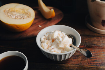 Vintage Bowl of Ice Cream Mixed with Honeydew Melon